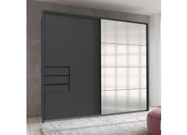 Saigon 2 Door Sliding Wardrobe with Mirror & Drawers 225cm in Graphite Grey