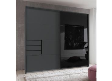 Saigon 2 Door Sliding Wardrobe with Tinted Glass & Drawers 225cm in Graphite Black