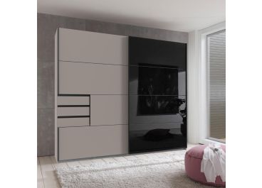 Saigon 2 Door Sliding Wardrobe with  Drawers 225cm in Sahara Grey & Black Glass