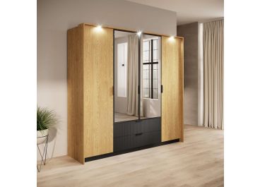 Nordic Oak & Black Hinged Door Wardrobe with Drawers 223cm