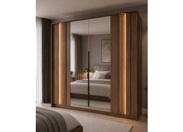 Rosewood 4 Door Hinged Mirrored Wardrobe with LEDs