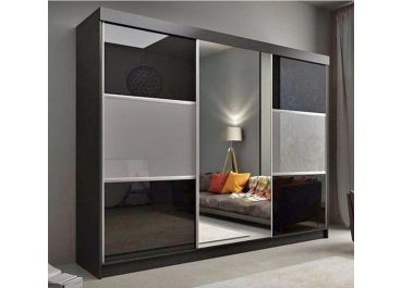 Empire Sliding 3 Door Wardrobe Black Gloss with Drawers - 250cm
