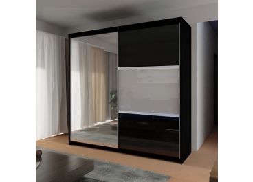Empire 2 Door Sliding Wardrobe with Drawers | Black Gloss + Mirror