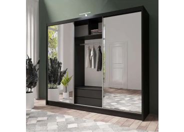 Petra Sliding Mirrored Wardrobe with Drawers Black 3 Door - 250cm