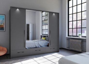 Bi-folding Graphite Grey Wardrobe with drawers, mirrors, 4 doors 256cm