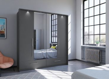 Bi-folding graphite grey wardrobe with drawers, mirrors, 4 doors 210cm
