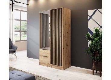 Stripe Oak Wardrobe with Drawers Hinged Mirrored Door Slim 105cm