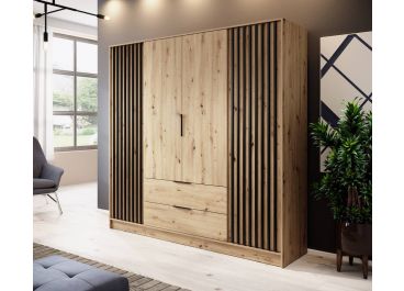 Stripe Wardrobe with Drawers Oak Hinged 4 Door 206cm