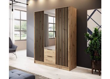 Stripe Mirror Wardrobe with Drawers & Mirror Hinged 3 Door Oak 155cm