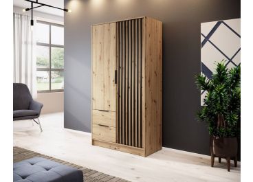 Stripe Oak Wardrobe with Drawers Narrow Hinged 2 Door 105cm