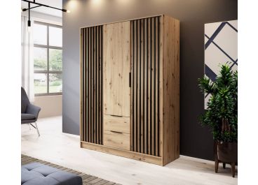 Stripe Wardrobe with Drawers Oak Hinged 3 Door 155cm
