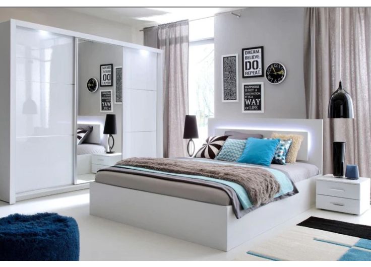 Petra Bedroom Furniture Set + Sliding Wardrobe White Gloss, Bedsides