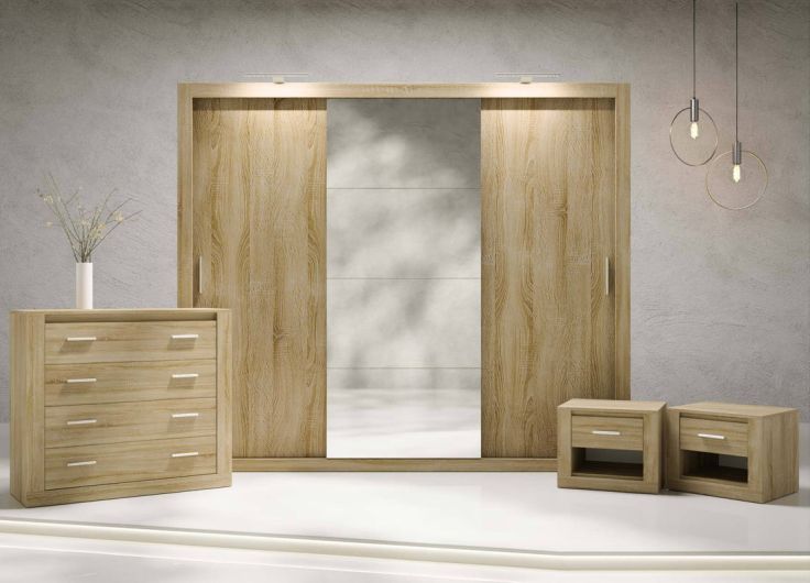 Petra Bedroom Furniture Set Oak + Sliding Wardrobe 250cm
