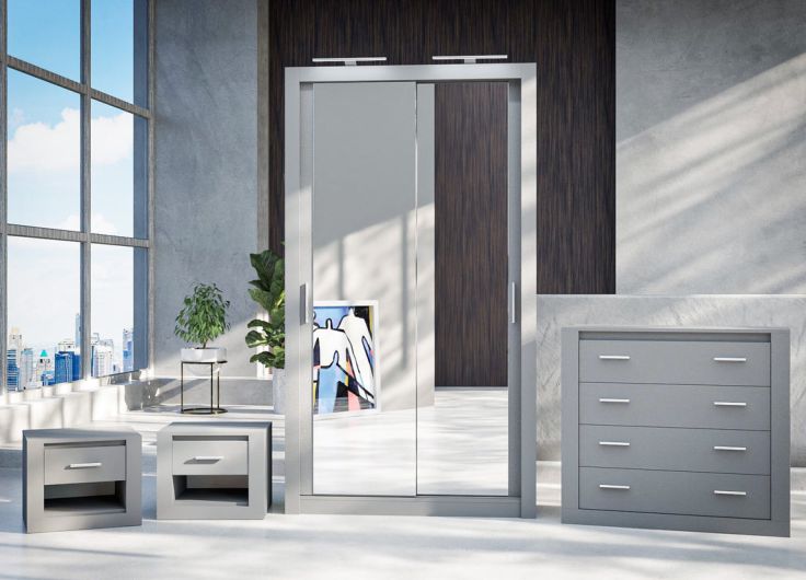 Petra Bedroom Furniture Set Grey + Sliding Wardrobe 120cm