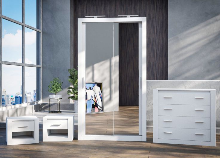 Petra Bedroom Furniture Set White + Sliding Wardrobe 120cm