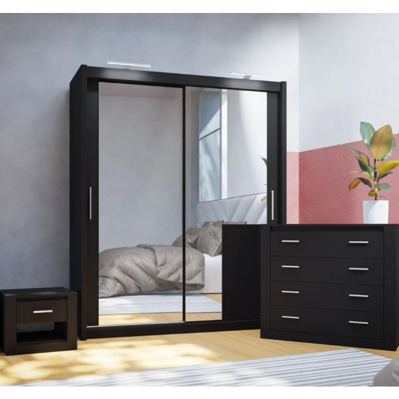 Petra Black Sliding Wardrobe Bedroom Furniture Set