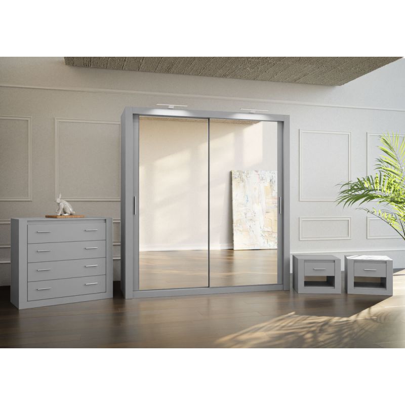 Petra Bedroom Furniture Set Grey + Sliding Wardrobe 200cm + Bedsides
