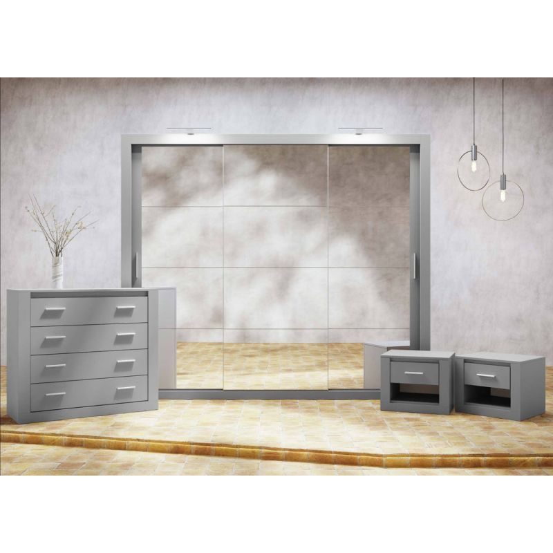 PETRA Bedroom Furniture Set Grey + Mirrored Wardrobe 250cm + Bedsides