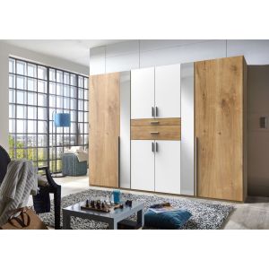 Athena Wardrobe White & Oak 6 Hinged Doors + 2 Drawers + Mirrors 270cm