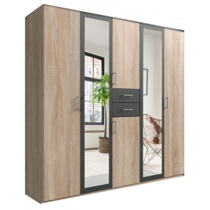 Hauch 5 Door Mirrored Wardrobe with Drawers in Oak And Graphite Grey 225cm