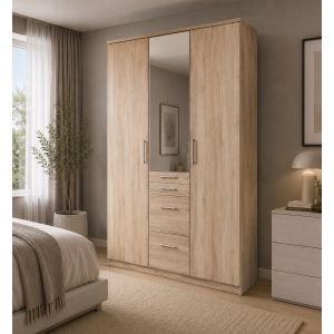 Fabel Oak Wardrobe with 4 Drawer 3 Door + Mirrors 135cm
