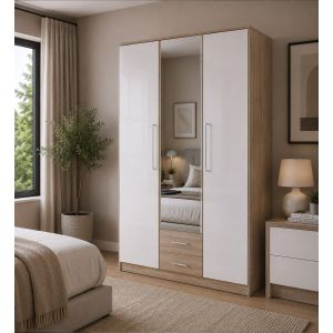 Abel Wardrobe with 2 Drawers White Gloss & Oak | 3 Doors 135cm