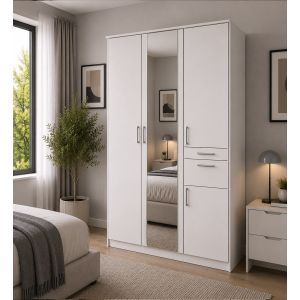 Rivera White Wardrobe with 2 Drawers 3 Doors + Mirror 135cm