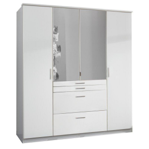 Fabel White Wardrobe with 4 Drawers 4 Doors + Mirror 180cm