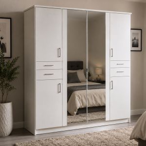Rivera White 4 Door Wardrobe with 4 Drawers 2 Mirrors 180cm