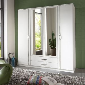 Brace White Wardrobe with 2 Drawers 4 Hinged Doors + Mirrors 180cm