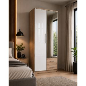 Abel Wardrobe with 2 Drawers White Gloss & Oak | 2 Doors 90cm