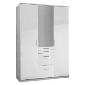 Fabel White Wardrobe with 4 Drawers 3 Doors + Mirror 135cm