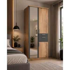 Rivera Double Wardrobe with Drawers Oak + Mirror | 90cm