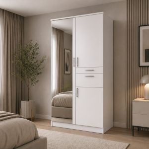Rivera White Wardrobe with 2 Drawers 2 Doors + Mirror | 90cm