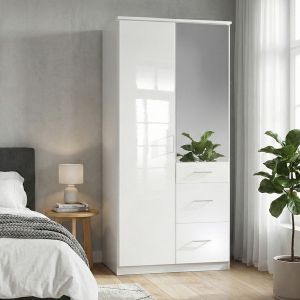 Alpine 2 Door Wardrobe White Gloss with drawers and mirror