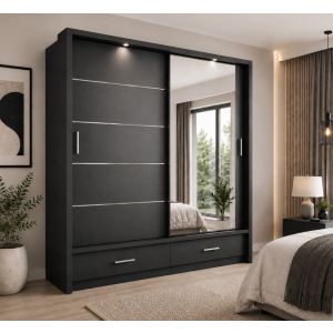 Lenart Sliding Wardrobe + Drawers + Mirror Matt Black | 2 Door - 200cm Wide
