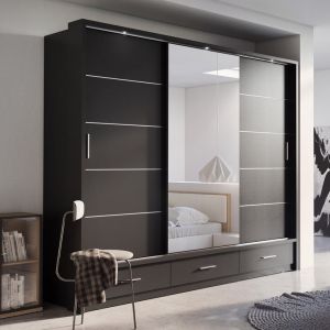 Lenart Sliding Wardrobe + Drawers + Mirror Matt Black | 3 Door - 250cm Wide