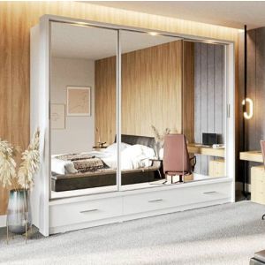 Vision White Wardrobe with Drawers | 3 Sliding Mirrored Doors | 250cm 