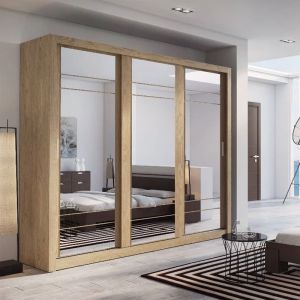 Vision Sliding Mirrored Wardrobe in Matt Oak Shetland | 3 Door - 250cm Wide
