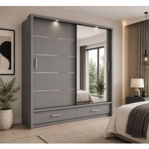 Lenart Sliding Mirrored Wardrobe with Drawers in Matt Grey | 2 Door - 200cm Wide