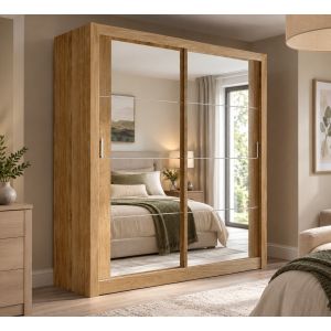 Vision Sliding Mirrored Wardrobe in Shetland Oak 2 Door - 180cm Wide