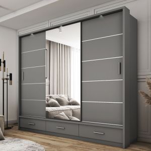 Lenart Sliding Mirrored Wardrobe with Drawers in Matt Grey | 3 Door - 250cm Wide