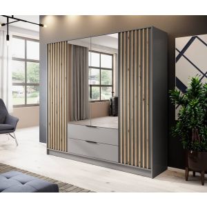 Stripe Wardrobe with Drawers Grey & Oak with Mirrors 4 Doors 206cm