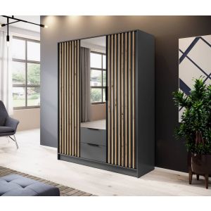 Stripe Mirror Wardrobe with Drawers in Graphite Grey Hinged Door 155cm