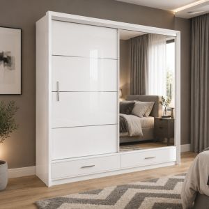 Lenart Sliding Wardrobe with Drawers White Gloss & Mirror 208cm 