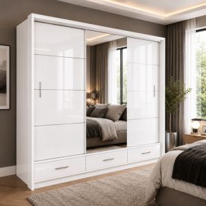 Lenart Sliding Wardrobe with Drawers White Gloss & Mirror 255cm