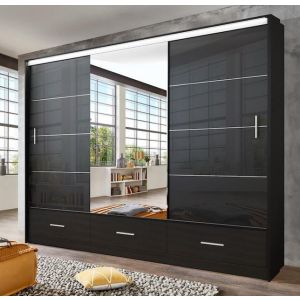 Lenart Sliding Wardrobe with Drawers Black Gloss & Mirror 255cm