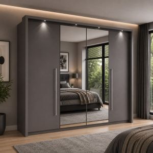 Bi-folding Grey Sliding Wardrobe with Drawers 4 doors 256cm