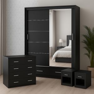 Lenart Bedroom Furniture Set Matt Black + Sliding Wardrobe 200cm