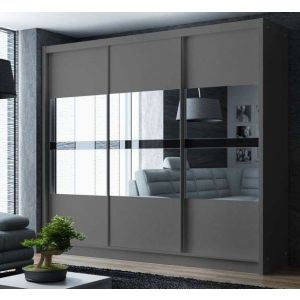 Metro Graphite Grey Sliding Wardrobe | Mirror + Drawers | 3 Door 250cm